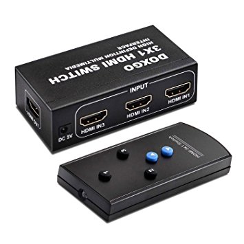 Doxgo 3 Port 3x1 HDMI Switch Hub Box with IR Wireless Remote Control and AC Power Adapter, 1080P HD HDTV 3D