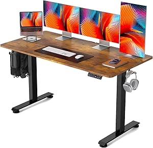 Veken 55 Inch Electric Standing Desk, Height Adjustable Sit Stand Up, Wood Desktop, Work Home Office Computer PC Table, Tall Standup Workstation, Gaming Writing Study Bedroom Rising Desks, Brown