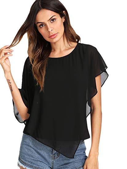 Romwe Women's Chiffon Layer Asymmetrical Hem Short Sleeve Casual Blouse Top