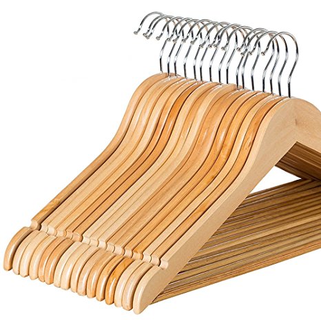 Multifunctional Solid Wood Suit Hangers with Non Slip Bar and Chrome Hooks by Zober - Natural Finish Wooden Coat Hangers - 20 Pack…