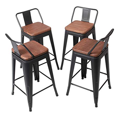 YongQiang Set of 4 Swivel Metal Barstools Kitchen Dining Chair Counter Bar Stool Cafe Side Chairs with Wood Seat 24 inch Matte Black