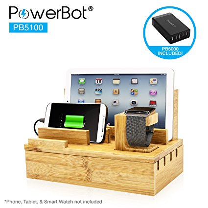 PowerBot PB5100 40Watt 8Amp 5 USB Port Rapid Charger Universal Desktop Charging Station w/ Bamboo Finish, Multi Device Charging Dock, Organizer Stand for Tablets, Apple Watch, Smartphones up to 5.7"