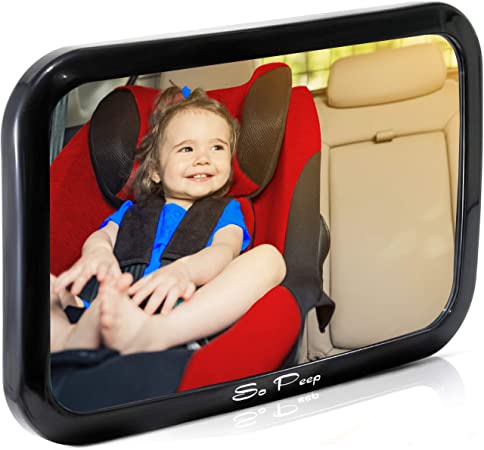 Shatterproof Baby Backseat Mirror for Car - View Infant in Rear Facing Car Seat - Newborn Safety With Secure Crash Tested Headrest Double-Strap - Essential Car Seat Accessories