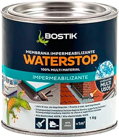 Bostik Waterstop Impermeabilizante de Alta Resistencia, Sellado, Adhesivo, Relleno, Infiltraciones, Grietas en Todo tipo de Materiales, Sin Imprimación, Polímero MS, Gris, Envase de 1 kg