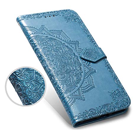 Google Pixel 3 Case,Pixel 3 Wallet Case,Luxury Henna Mandala Floral Flower PU Leather Flip Phone Protective Case Cover with Credit Card Slot Holder Kickstand for Google Pixel 3 (5.6 inch),Blue