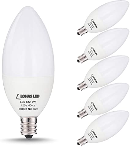 LOHAS E12 LED Candelabra Light Bulbs, 6Watt, Candelabra LED Bulbs 60W Equivalent, Daylight White 5000K, 600 Lumens Ceiling Fan LED, E12 Candelabra Base, Chandelier Bulb, Non-dimmable, 6 Pack
