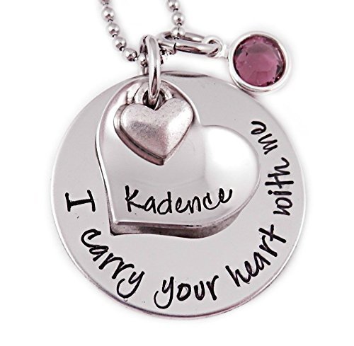 I Carry Your Heart With Me - Name and Birthstone Necklace - Hand Stamped Custom Jewelry