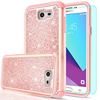 Galaxy J7 Perx Case,Galaxy J7 Prime / J7 V/ J7 Sky Pro/ Halo Glitter Case with HD Screen Protector,LeYi Hybrid Heavy Duty Protection [PC Silicone Leather] Case for Samsung Galaxy J7V 2017 TP Rose Gold