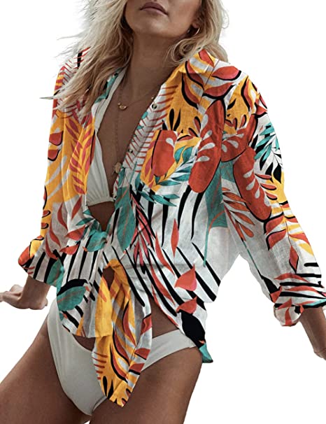 Bsubseach Women Long Sleeve Beach Shirt Blouses Bathing Suit Cover Up Button Down Collar