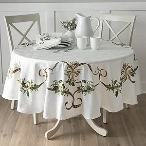 Benson Mills Merry Ribbons Engineered Printed Jacquard Fabric Christmas Table Cloth, Elegant Christmas Tablecloth for All Holiday and Winter (70" Round, Merry Ribbons)