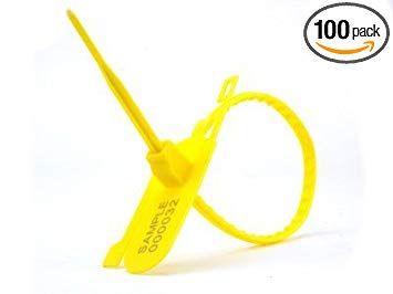 Security Tie - 15 Inch Tamper Evident Tear Away Yellow Plastic Seal - 100 Pack