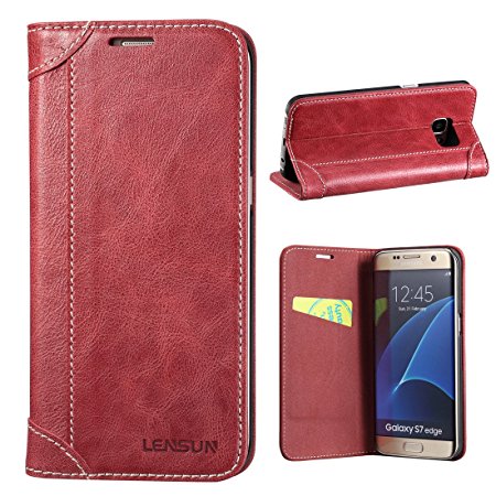 Samsung Galaxy S7 Edge Case, Lensun Genuine Leather Wallet Magnetic Flip Case Cover for Samsung Galaxy S7 Edge 5.5" - Wine Red (DX-WR-S7E)