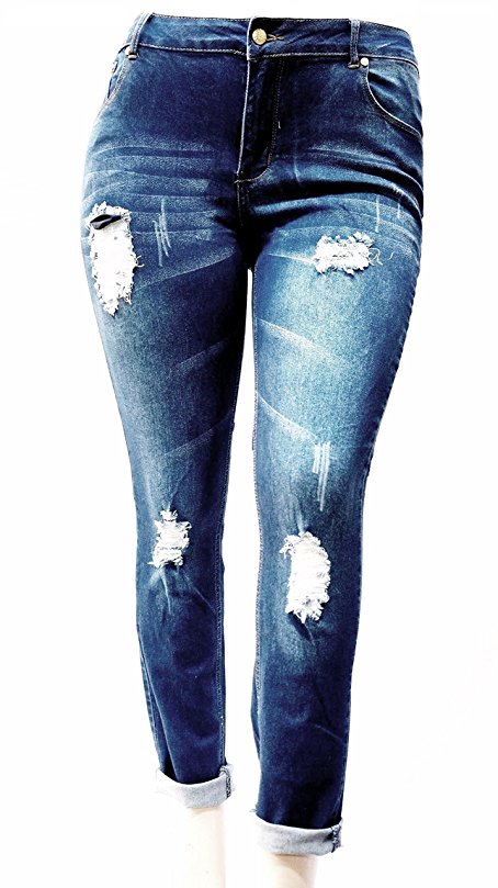 OMEGA Womens Plus Size Ripped Destroy Blue Denim Roll up Distressed Jeans Pants
