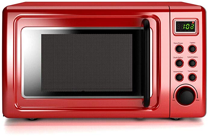 COSTWAY Retro Countertop Microwave Oven, 0.7Cu.ft, 700-Watt, Cold Rolled Steel Plate, 5 Micro Power, Delayed Start Function, with Glass Turntable & Viewing Window, LED Display, Child Lock (Red)