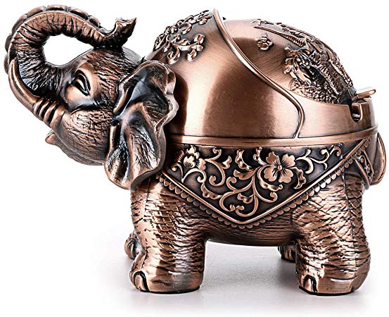 Hipiwe Elephant Windproof Ashtray with Lid, Desktop Metal Cigarette Ashtray Holder for Indoor or Outdoor Use, Unique Tobacco Ash Tray for Patio/Outside/Office/Home Decor