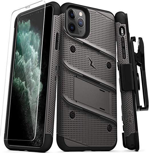 ZIZO Bolt Series iPhone 11 Pro Max Case - Heavy-Duty Military-Grade Drop Protection w/Kickstand Included Belt Clip Holster Tempered Glass Lanyard - Gun Metal Gray