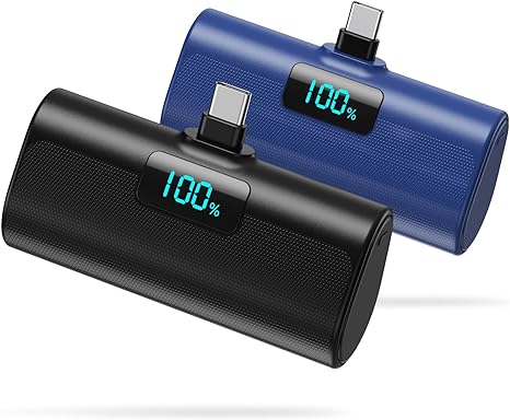 [2-Pack]Small Portable Charger 5200mAh, Upgraded PD USB C Power Bank Built-in USB-C Connector,LCD Display Battery Pack Compatible with iPhone 15/15 Plus/15 Pro/15 Pro Max/Samsung Android(Black Blue)