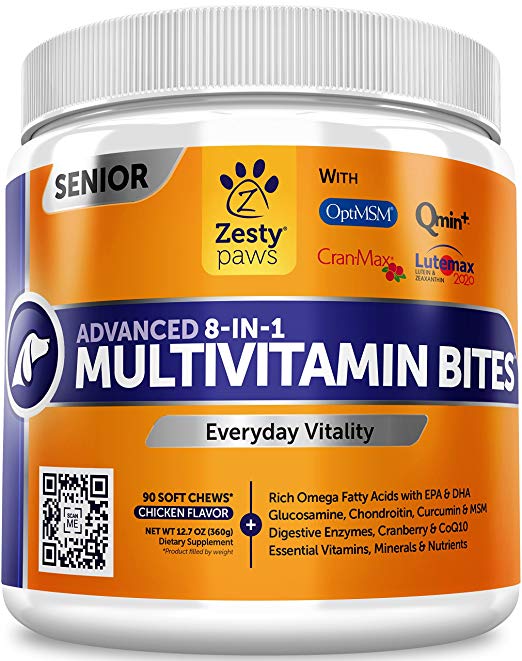 Zesty Paws Multivitamin for Dogs - Glucosamine & Chondroitin   MSM for Hip & Joint   Arthritis - Fish Oil for Skin & Coat   Digestive Enzymes & Probiotics   CoQ10 Dog Vitamins - 90 Chew Treats