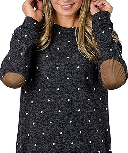 GTealife Women Long Sleeve Polka Dot Sweatshirt Elbow Patches Plaid Sweater