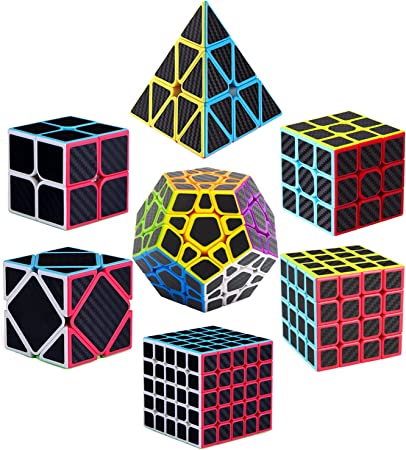 Roxenda Speed Cube Set, Speed Cube Bundle of 2x2 3x3 4x4 Megaminx Windmill Mirror Cube and Pyramid Cube Smoothly Magic Cubes Collection for Kids & Adults [7 Pack] (Carbon Fiber)