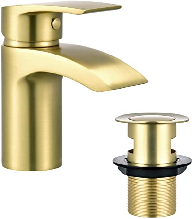 Hapilife Brushed Gold Basin Taps with Pop up Waste Mixers Bathroom Sink tap Brass with Hoses