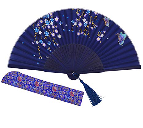 Amajiji Women Hand Held Silk Folding Fans with Bamboo Frame (Blue)