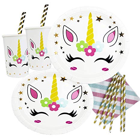 Premium Unicorn Party Supplies Birthday Set, Gold Star Plates Cups Straws Napkins, Serves 20 Guests, Girls Party Decorations- Pipers Party- 90pc Pack