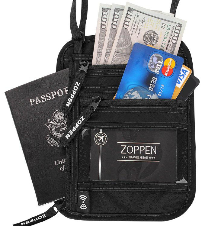 Zoppen RFID Travel Passport holder Ultra-slim Stash Neck Wallet