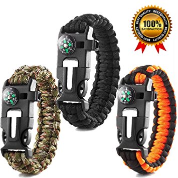 Premium Survival Bracelet-Set of 3-Outdoor Emergency Paracord Bracelet 5 in 1 With Compass,Flint Fire Starter,Emergency Scraper/Knife,Whistle,Rescue Rope-Perfect for Camping,Hiking,Trekking,Travel