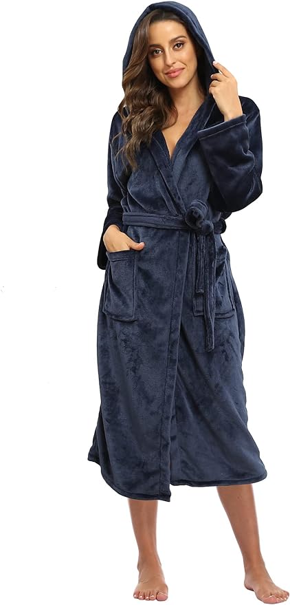 Women's Plush Hooded Bathrobe Winter Warm Robes Soft Fleece Long Robe Luxury Dressing Gown