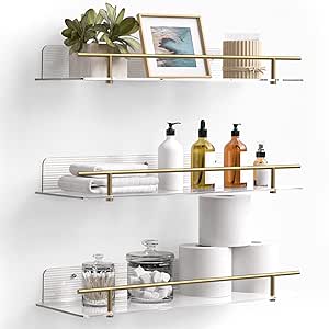 upsimples Bathroom Floating Shelves for Wall Storage, Clear Acrylic Shelves with Gold Metal Guardrail, Wall Shelves Organizer for Bedroom, Living Room, Picture Frames, 15.7" Hanging Shelves Set of 3