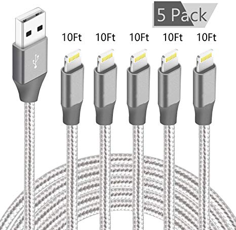 Pal-Xiboe 5PACK 10Ft iPhone Charger,MFi Certified Lightning Cable Extra Long Nylon Braided USB Charging Cable High Speed Data Sync Transfer Cord,Compatible with iPhone Xs Max/XS/X/8/7/6/and New iPhone