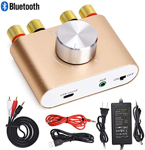 F900 Mini Bluetooth Power Amplifier Wireless Audio Receiver with 12V 5A DC Adapter, Stereo Hi-Fi Digital Amp 2.0 Channel 50W 2 with AUX/USB/Bluetooth Input (Gold)