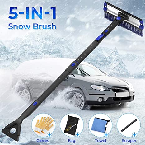 JOYTUTUS 47" Car Snow Brush, 5 in 1 Extendable Foam Snow Brush with Squeegee Ice Scraper, 270° Auto Car Snow Removal Broom, Detachable Car Snow Scraper Brush with Durable Gloves for Car (Black)