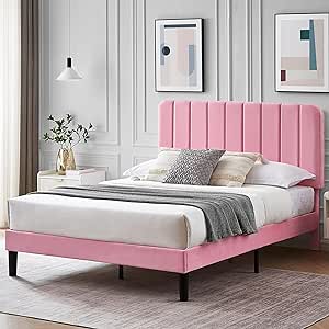 VECELO Queen Size Upholstered Bed Frame with Adjustable Headboard, Velvet Platform Bedframe Mattress Foundation, Strong Wood Slat Support, No Box Spring Needed, Pink