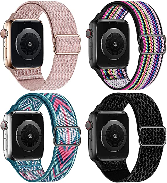 HILIMNY Elastic Braided Sport Solo Loop Compatible with Apple Watch Band 38mm 40mm 42mm 44mm, Stretchy Adjustable Nylon Men Women Strap Replacement Compatible with iWatch Series 6/5/4/3/2/1 SE, 4 Pack