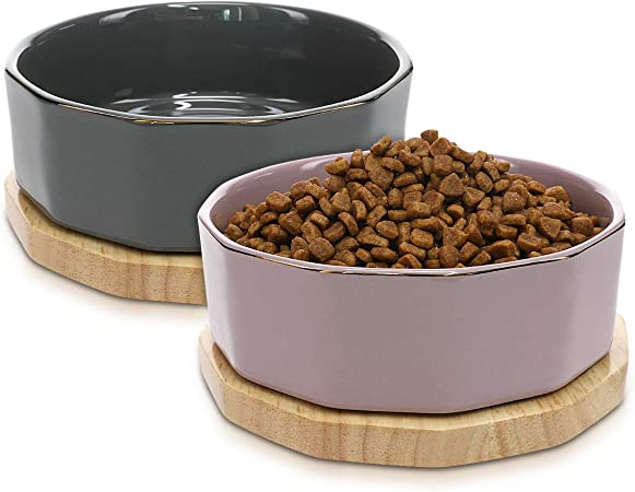 Navaris Ceramic Dog Bowls (Set of 2) - 27oz (800ml) Water or Food Bowl for Pet Dogs and Cats with Non Slip Real Oak Wood Underlay - Stylish Design