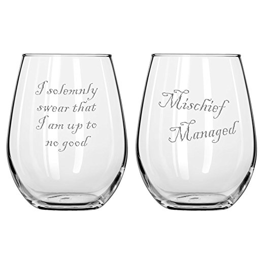 National Etching Mischief Managed Wine Glass Set (11oz Stemless)