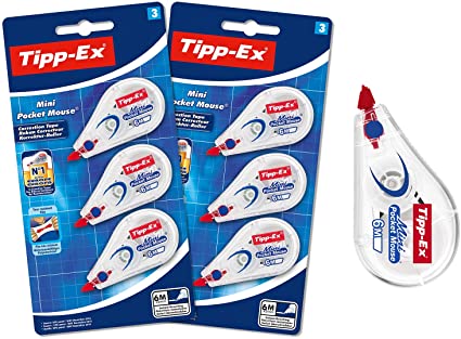 Tipp-Ex Mini Pocket Mouse Correction Tape - Two Packs of 3 (6 Total) Each with 6 m of Tear-Free Correction Tape - For Left or Right Hand