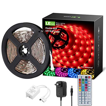 LE LED Strip Lights Kit, 16.4ft RGB Rope Light, 150 Units SMD 5050, Color Changing Light Strip with 44 Key IR Remote Controller and 12V Power Supply for Home, Kitchen, Bedroom, Under Cabinet and More