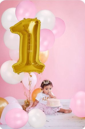 40" Jumbo Number 1 Gold Mylar White Pink Latex Balloon Kit - Girls 1st Birthday/Anniversary Party Supplies Decoration