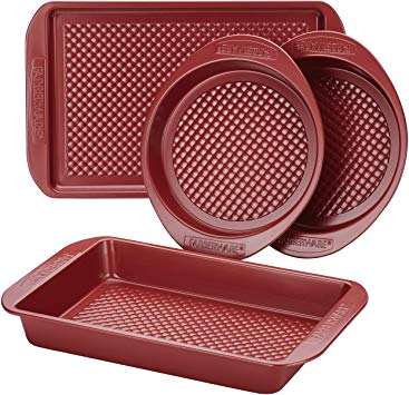 Farberware 47134 Nonstick Bakeware Set with Nonstick Cookie Sheet / Baking Sheet, Baking Pan and Cake Pans - 4 Piece, Red