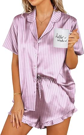 Ekouaer Womens Satin Pajamas Set Button Down 2 Piece Silk Pjs Shorts Set Ruffle Lingerie Notch Collar Sleepwear S-XXL