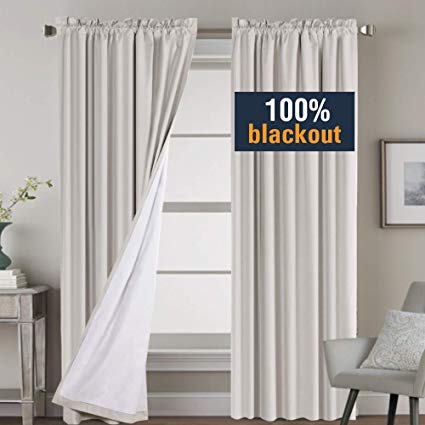 H.VERSAILTEX Complete Blackout Shades for Large Window Door, 100% Blackout Window Curtain Panels with White Lined, Rod Pocket Curtains for Bedroom 96 Inch Length, Natural, 2 Panels, Tiebacks Included