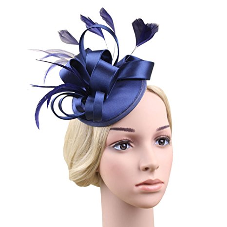 FAYBOX Satin Flowers Feathers Pillbox Women Lady Fascinator Hat Hair Clip Derby