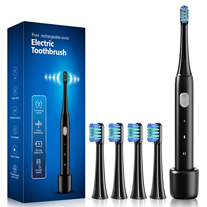 Bovon Sonic Electric Toothbrush for Adult and Kids with 5 DuPont Brush Heads, 3 Hours Charge for 30 Days Whitening, 40000 VPM Motor, Wireless Charging Tooth Brushes with 2-Min Timer and 2 Modes