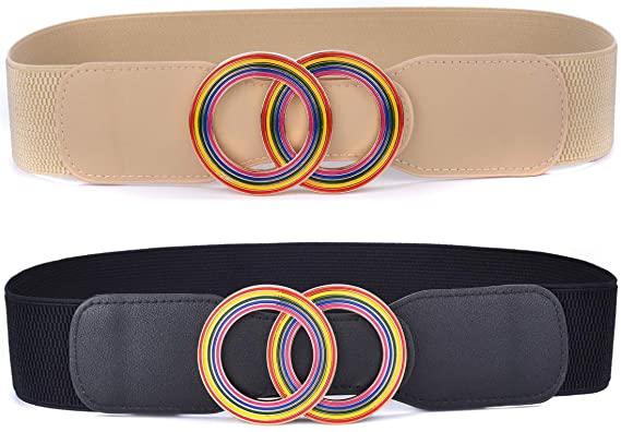 2 Pack Beltox Women’s Elastic Stretch Waist Belts w interchangeable 2 Rings Rainbow Buckle