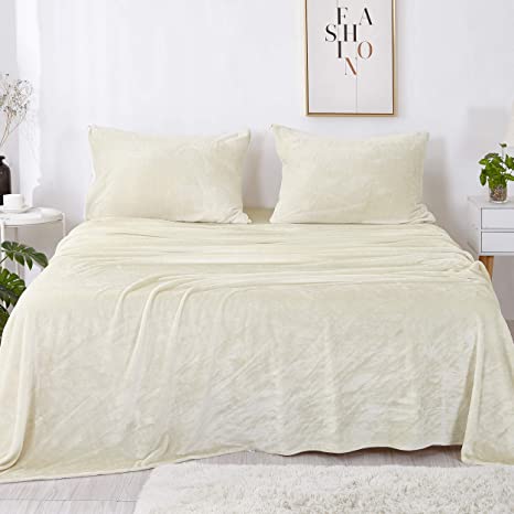 Jepson Soft Fur Velour Flannel Bed Sheets & Pillowcases Set Zipper Pillowcases 16 Inch Deep Pocket Winter Warm Fuzzy Bottom Sheet,Queen Beige