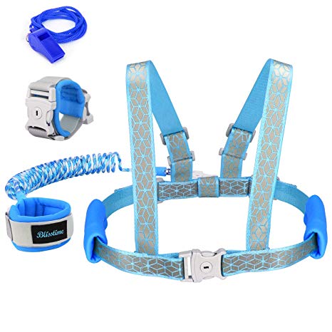 Blisstime 2 in 1 Reflective Toddler Leash -Anti Lost Wrist Link for Toddlers -Toddler Harness,Baby Leash,Leash for Toddlers,Wrist Leashes,Child Leashes for Toddlers,Not Easy to Open Without Key (Blue)