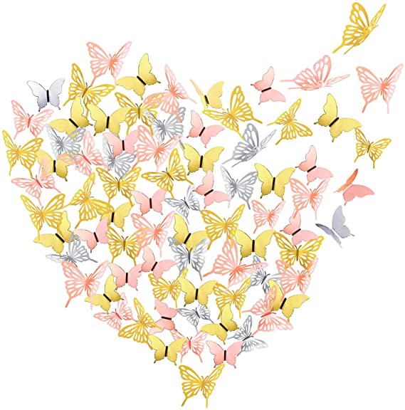 120 Pieces 3D Paper Butterfly Wall Stickers 3 Colors Removable Butterflies Decor Butterfly Wall Decals for Living Room Home Nursery Girls Bedroom DIY Wall Decorations (Silver, Gold, Champagne)